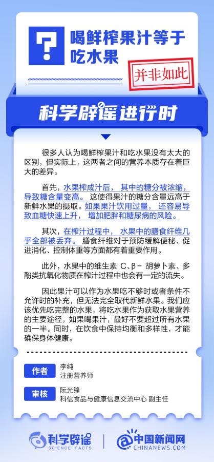 彩神vll喝鲜榨果汁等于吃水果吗？
